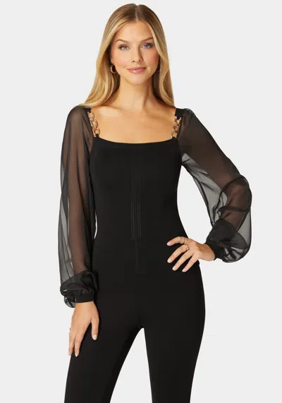 Bebe Chiffon Combo Balloon Sleeve Sweater In Black