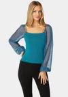 Bebe Chiffon Combo Balloon Sleeve Sweater In Deep Lagoon