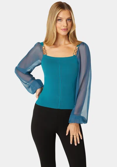 Bebe Chiffon Combo Balloon Sleeve Sweater In Deep Lagoon