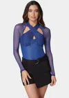 Bebe Coated Knit Combo Mesh Halter Neck Bodysuit In Galactic Cobalt