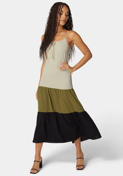 Bebe Color Block Tiered Maxi Dress In Sand,olive,black