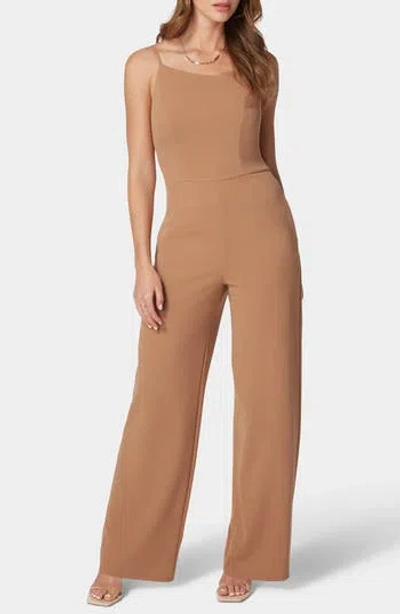 Bebe Core One-shoulder Wide Leg Jumpsuit In Camel
