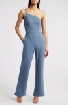 Bebe One Shoulder Core Jumpsuit In Denim