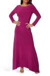 Bebe Cowl Back Long Sleeve Sharkbite Hem Maxi Dress In Purple