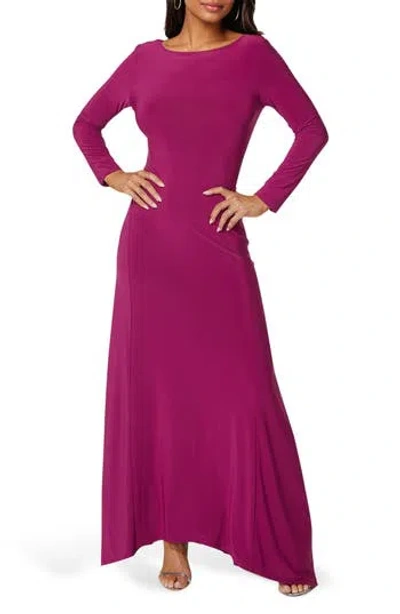 Bebe Cowl Back Long Sleeve Sharkbite Hem Maxi Dress In Purple