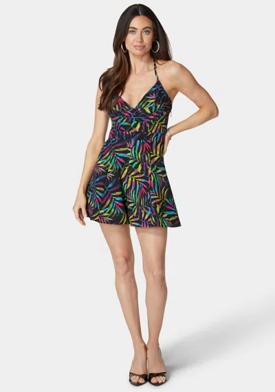 Bebe Cowl Neck Lace Up Back Flowy Romper In Multi