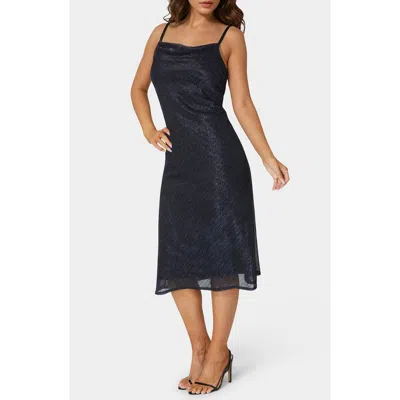 Bebe Cowl Neck Metallic Midi Slipdress In Navy