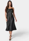 BEBE COWL NECK MIDI SATIN JACQUARD DRESS