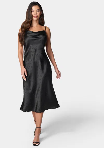 Bebe Cowl Neck Midi Satin Jacquard Dress In Black