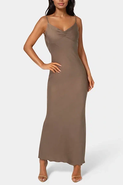 Bebe Crepe Drape Back Maxi Dress In Mocha, Women's At Urban Outfitters In Brown