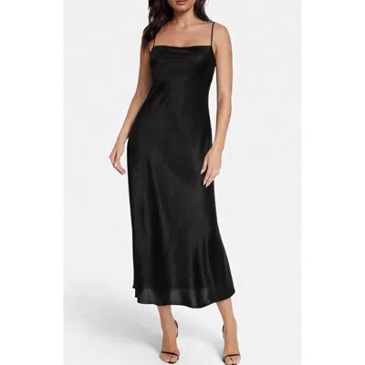 Bebe Crepe Satin Cowl Neck Midi Slipdress In Black