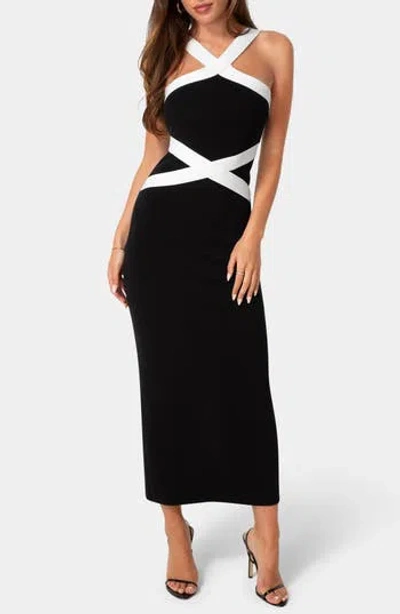 Bebe Crisscross Contrast Midi Dress In Black