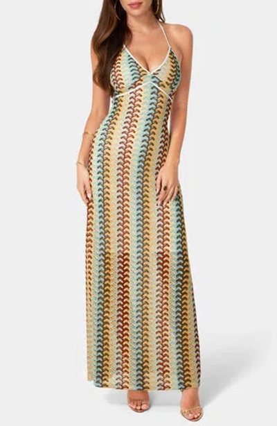 Bebe Crochet Stripe Halter Maxi Dress In Multi