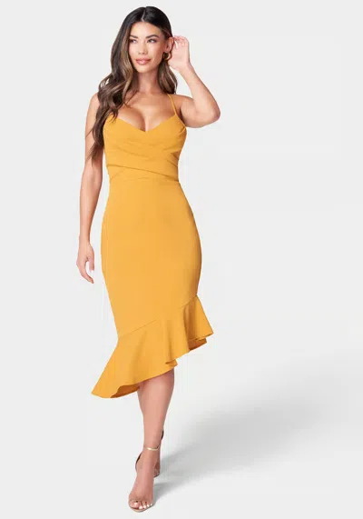 Bebe Crossover Flounce Scuba Dress Women Small Mustard Crepe Asymmetrical Jdm011 In Yellow