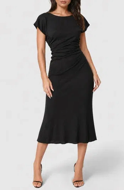 Bebe Crushed Satin Draped Back Midi Dress In Black