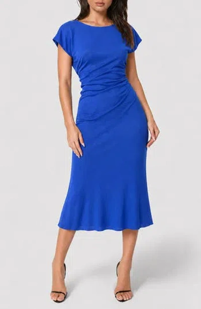Bebe Crushed Satin Draped Back Midi Dress In Blue