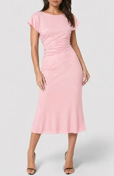 Bebe Crushed Satin Draped Back Midi Dress In Animal Print