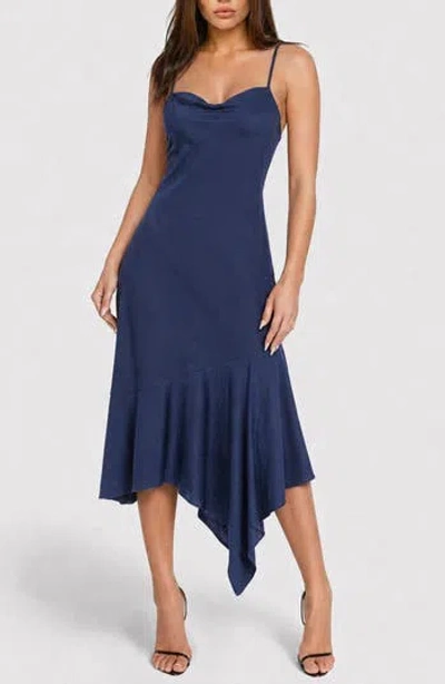 Bebe Crushed Satin Handkercheif Hem Dress In Navy