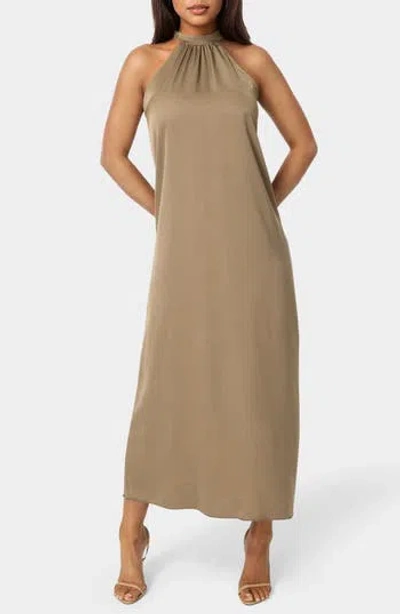 Bebe Crushed Satin Mock Neck Maxi Dress In Brown