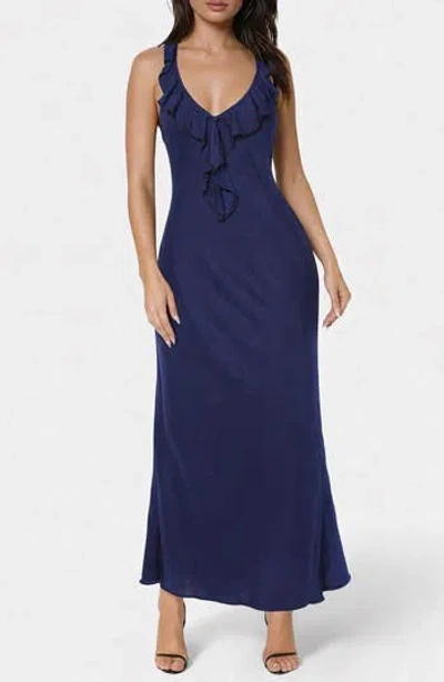 Bebe Crushed Satin Ruffle Halter Dress In Blue