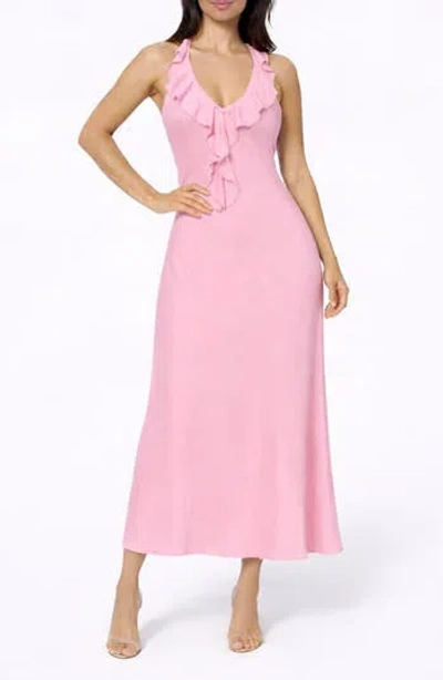 Bebe Crushed Satin Ruffle Halter Dress In Pink