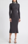 Bebe Crystal Neck Long Sleeve Rib Midi Dress In Charcoal