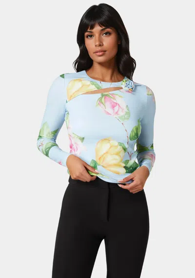 Bebe Cut Out Flower Long Sleeve Top In Clear Sky Floral Print
