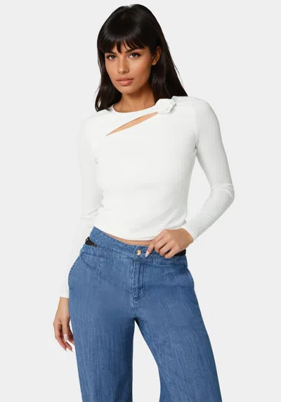 Bebe Cut Out Flower Long Sleeve Top In White Alyssum