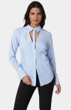 Bebe Cutout Rhinestone Poplin Blouse In Blue