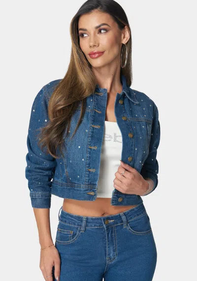 Bebe Denim Jacket With Rhinestones In Grey Wash