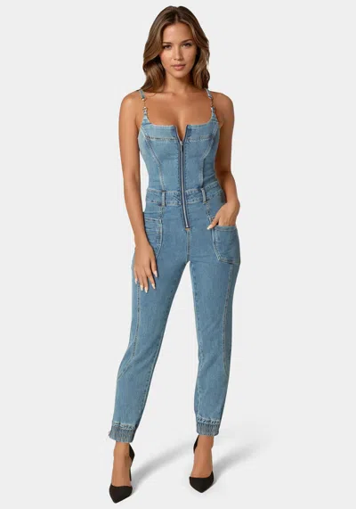 Bebe Denim Jogger Jumpsuit In Blue