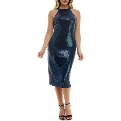 Bebe Disco Dot Halter Neck Body-con Dress In Navy