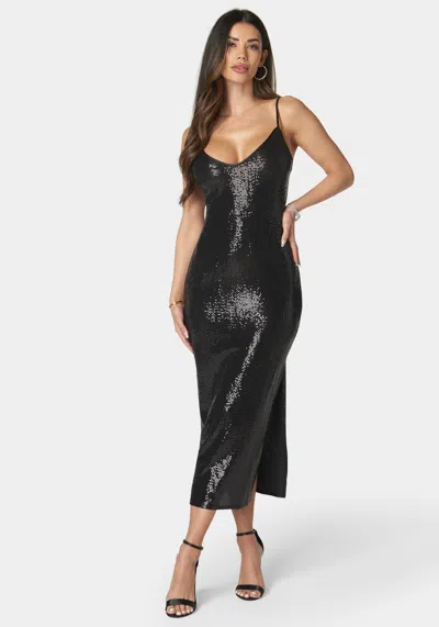 Bebe Disco Dot Maxi V Neck Gown In Black