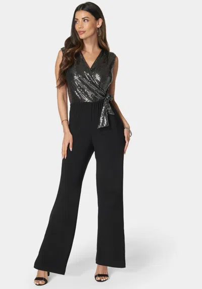 Bebe Disco Dot Wrap Tie Jumpsuit In Black,silver