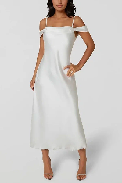 Bebe Drape Shoulder Satin Midi Dress In White