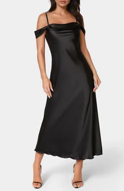 Bebe Drape Shoulder Satin Midi Dress In Black