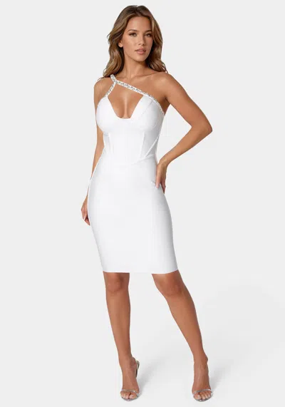 Bebe Embellished Crystal Corset Bandage Dress In White