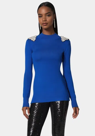 Bebe Embellished Mock Neck Tunic Sweater In Galactic Cobalt