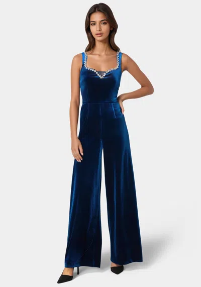 Bebe Embellished Neckline Ultra Wide Leg Jumpsuit In Galactic Cobalt