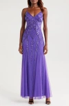 Bebe Embellished V-neck Gown In Purple