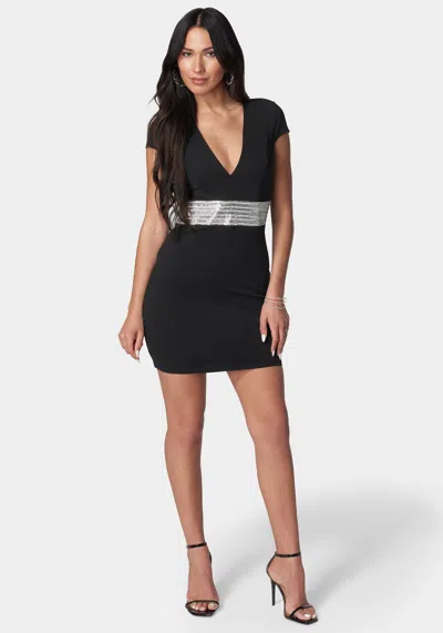 Bebe Embellished Waist Mini Dress In Black,silver