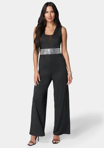 Bebe Embellished Wide Leg Jumpsuit In Black,blue