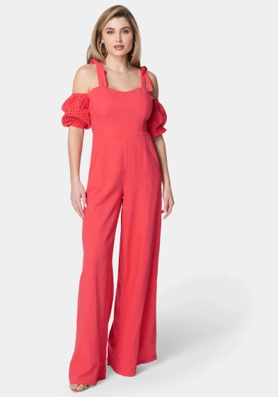 Bebe Embroidered Cotton Puff Sleeve Full Wide Leg Jumpsuit In Hibiscus