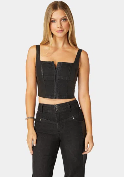 Bebe Eyelet Front Combo Vegan Leather Denim Corset In Washed Out Black,black