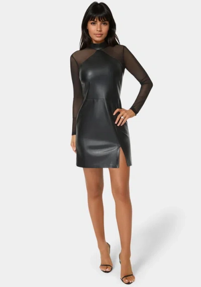 Bebe Faux Leather And Mesh Mock Neck Mini Dress In Black