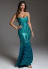 Bebe Sequin Feather Trim Strapless Gown In Crystal Teal