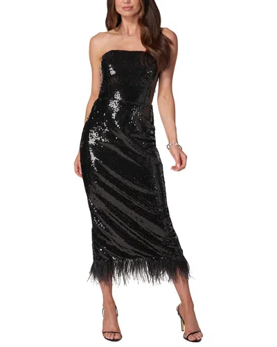 Bebe Sequin Strapless Midi Dress With Feather Trim In Black