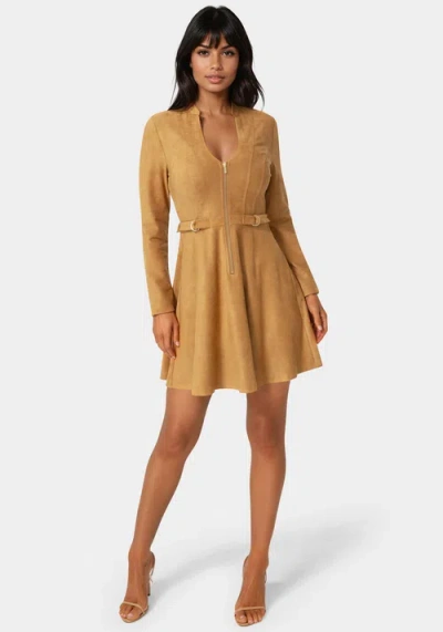 Bebe Fit And Flare Long Sleeve Suede Mini Dress In Brown