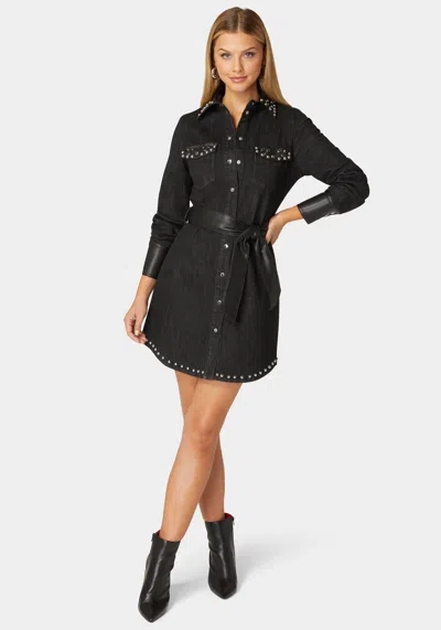 Bebe Fitted Combo Vegan Leather Studded Denim Shirt Dress In Washed Out Black,black