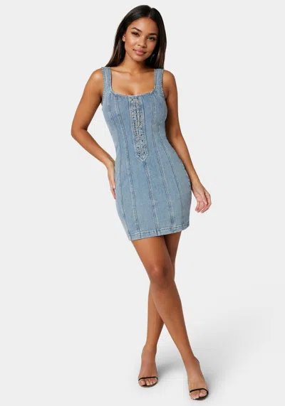 Bebe Fitted Lace Up Denim Dress In Chiara Blue Wash